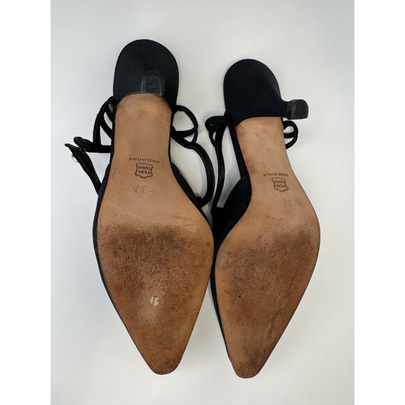Vintage Manolo Blahnik Size 37 6 Heels Slingback Pointy Black Gold Fabric - Picture 14 of 16